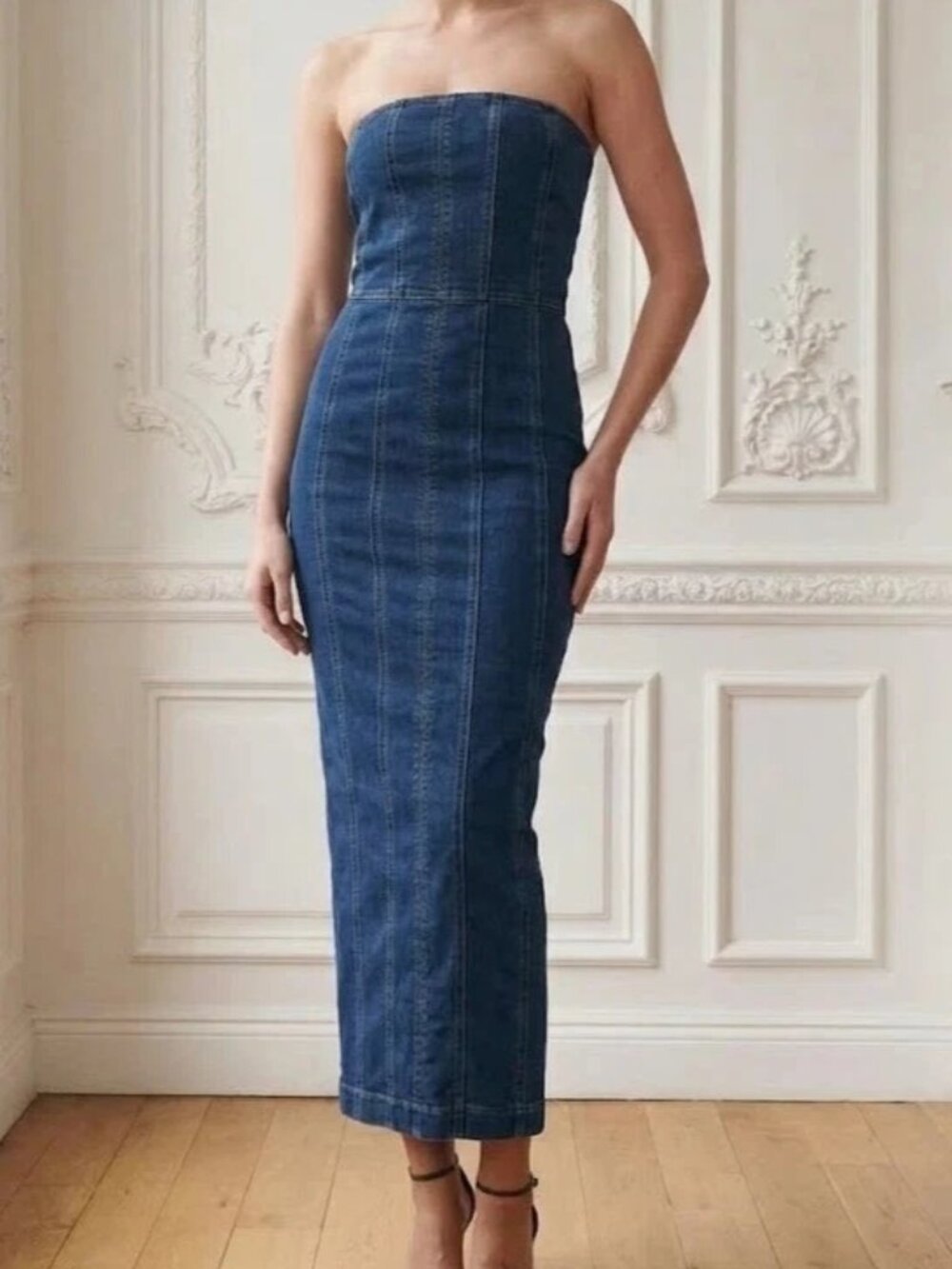 Reformation Anais Strapless Denim Midi Dress in Griffin Wash Size 12